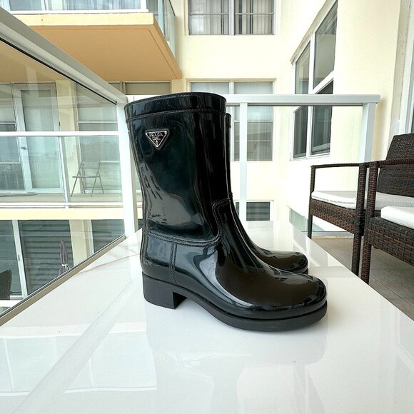 PRADA Black Sport Mid Calf Rubber Rain Boots Women Size 7 - Picture 5 of 12